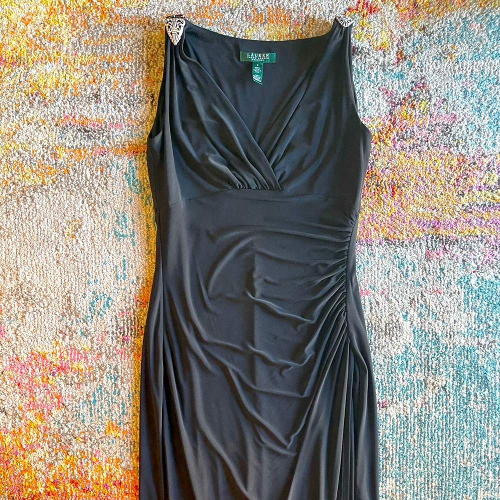 Ralph Lauren Black V Neck Full Length Gown w Crystal Embellishments 6